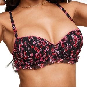 Adore Me-Floral Ruffle Trim Black and Pink bra-size 34 A NWOT